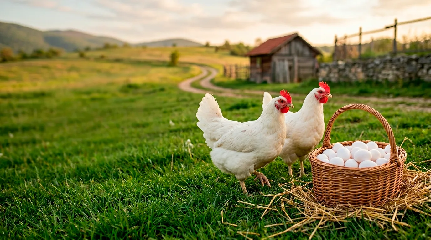 Two white hens beside a basket of fresh white eggs on grass.