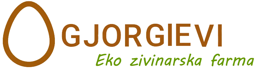 Company logo with an egg motif and the name GJORGIEVI in bold letters, subtitle Eko živinarska farma indicating an eco poultry farm.